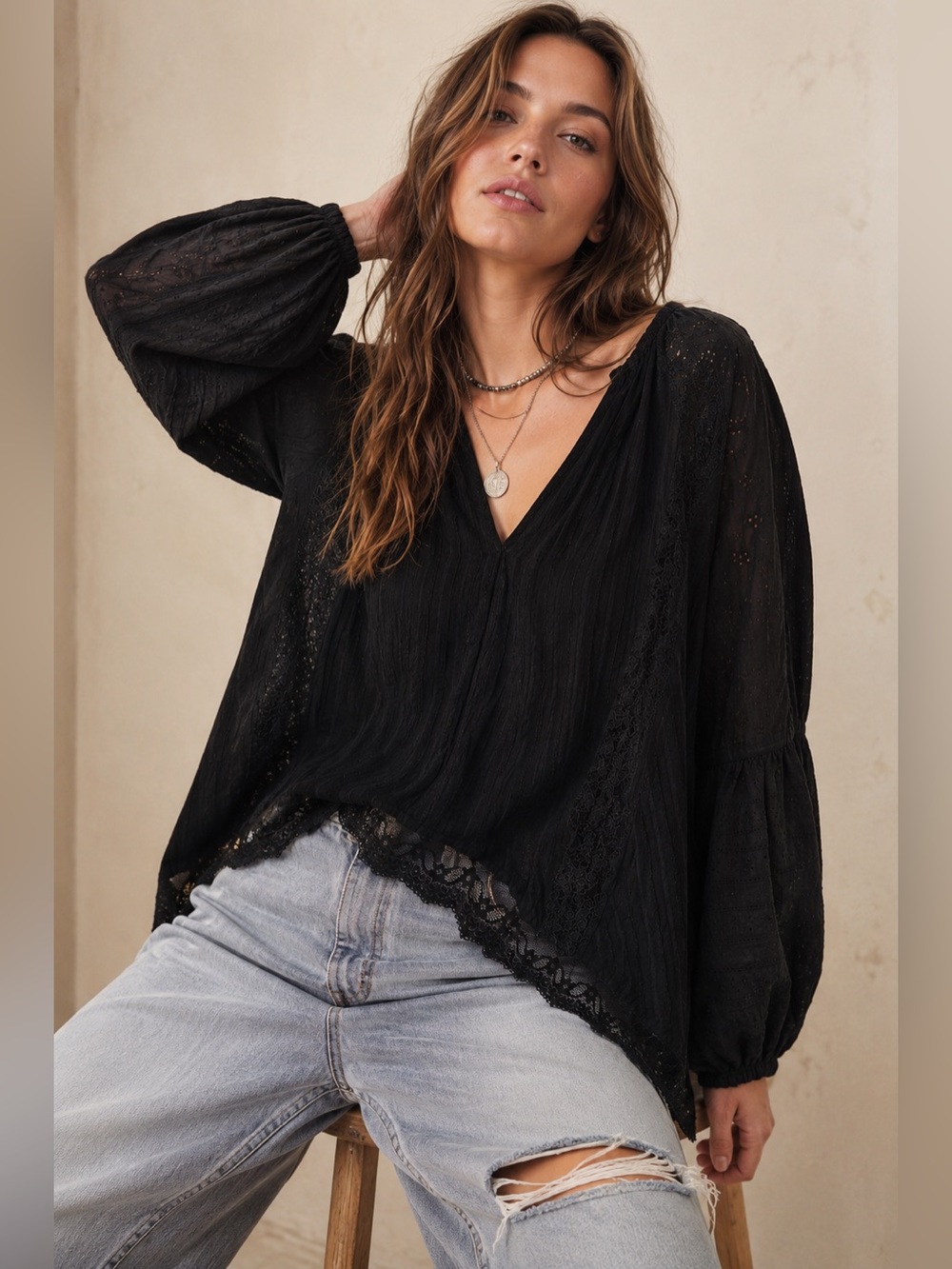 POL Black Boho Lace Eyelet Oversized Blouse Top Size Medium